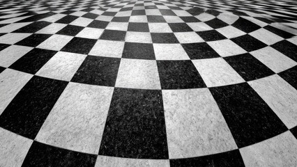 Black-and-white checkerboard floor viewed from a low angle, stretching toward the horizon. Concept Black-and-white checkerboard floor, Low-angle perspective, Vanishing point toward the horizon