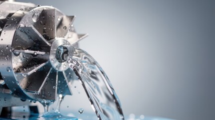 A close-up of a metallic turbine component with water flowing through it, highlighting the interaction between engineering and fluid dynamics.