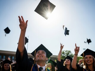 Joyful graduates toss their black mortarboards into the sunny blue sky during a commencement ceremony, celebrating their achievement.