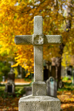 Malerischer Friedhof in M&uuml;nchen: Alter S&uuml;dfriedhof im Herbst mit bunten Bl&auml;ttern und B&auml;umen, idyllisch, pittoresk, l&auml;dt zum Spazieren ein - sch&ouml;nes Kreuz im Nachmittags Licht