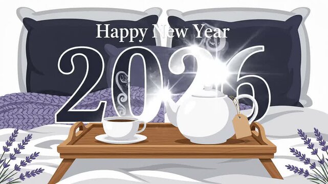 Happy new year 2026 vector illustration breakfast bed tray greeting