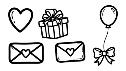 Whimsical Delights: A collection of charming, hand-drawn illustrations that convey happiness, featuring a heart, a gift box, an envelope, and a balloon with a bow