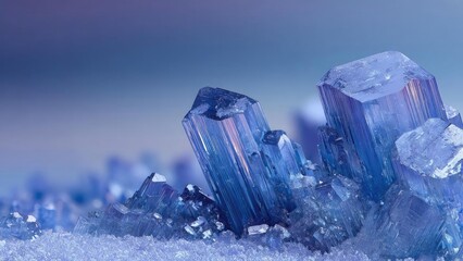 Blue quartz crystal cluster sparkling in icy surroundings Concept Blue quartz crystal cluster glistening in a frost-kissed winter landscape, Crystalline blue stones catching light against a frozen