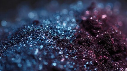 Close-up of blue and pink glitter particles sparkling on a dark surface. Concept Glitter close-up, Blue and pink sparkles, Macro photography, Dark surface texture, Shimmering particles