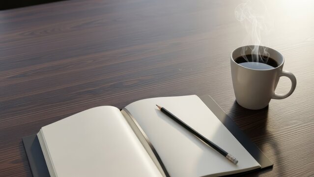 Open book, pencil, and steaming mug on wooden table, bathed in soft sunlight - Powered by Adobe