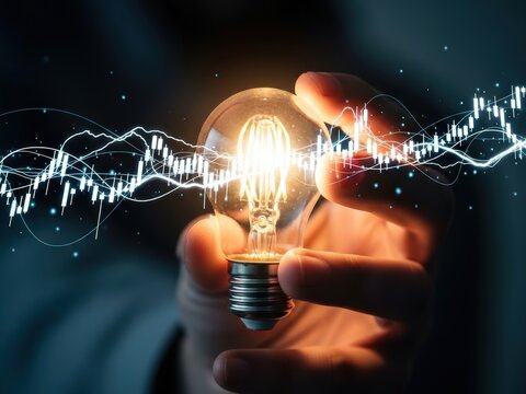 A hand holds a glowing light bulb surrounded by dynamic digital financial charts and data waves, representing the spark of innovation in finance and business. - Powered by Adobe