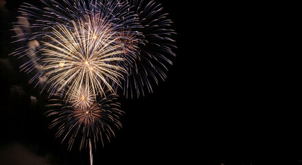 Obraz premium Several bright firework burst against a dark night sky, representing celebration, festivity, and momentous occasion with available free space