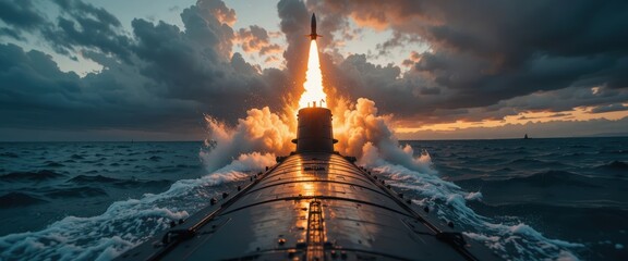 Submarine launches missile at sunset with clouds and ocean waves in the background Generative AI