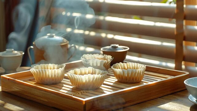 selective focus steamed dumplings on bamboo tray traditional cuisine concept