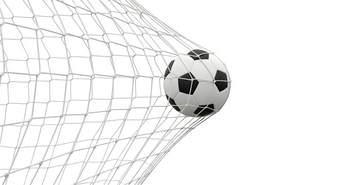 Soccer ball going through a net close up view isolated on transparent background