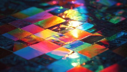 Close-up of a rainbow-colored reflective mosaic of small square tiles shimmering under vibrant lights. Concept Rainbow-colored reflective mosaic close-up