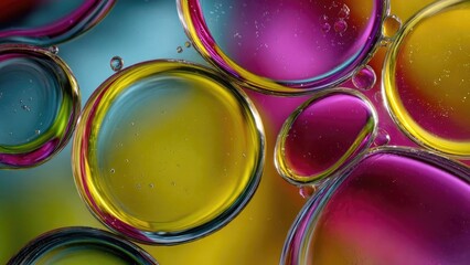 Macro photograph of colorful oil droplets floating in water. Concept Macro photography, Colorful oil droplets, Oil droplets in water, Abstract macro, Iridescent colors