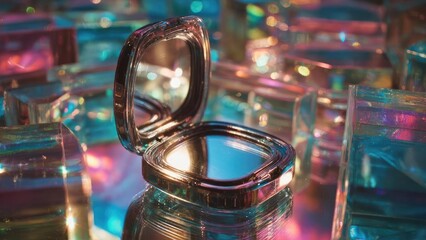 An open metallic makeup compact with a mirror, surrounded by iridescent glass blocks and neon reflections. Concept Open metallic makeup compact with mirror, Iridescent glass blocks, Neon reflections