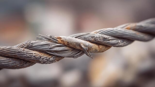 Close-up of a rusted twisted steel wire rope. Concept Rusty metal texture, Industrial close-up, Twisted wire rope, Weathered steel surface, Macro rust