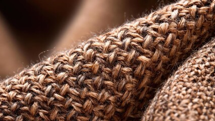 Close-up of chunky brown knitted yarn with thick interwoven fibers. Concept Cozy Knit Texture, Chunky Brown Yarn, Macro Knit Detail, Thick Interwoven Fibers, Warm Earth Tones