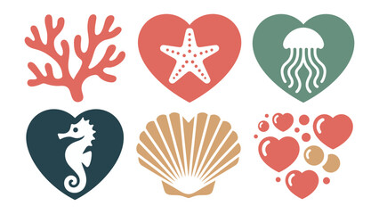 Seashells and Hearts: A collection of lovely heart-shaped images is decorated with marine life details, showing romance of the sea and marine creatures.