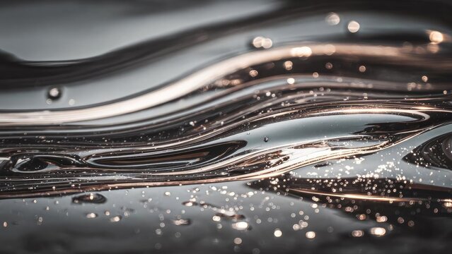 Macro close-up of a dark, glossy liquid surface with flowing, wavy reflections and tiny glittering droplets. Concept Macro photography, Dark glossy liquid, Flowing reflections, Glitter droplets