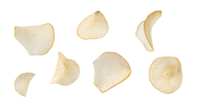 floating cassava chips or keripik singkong on transparent png, fried cassava snack.