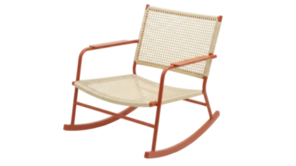 Isolated rattan rocking chair with armrests for relaxing and comfortable furniture design