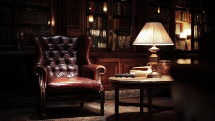 Cozy library corner with a tufted leather armchair, a round wooden table, and a warm lamp glow among dark shelves. Concept Cozy library corner with tufted leather armchair