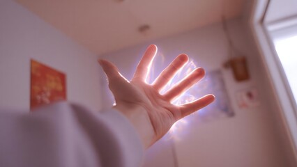 Hand reaching forward with a glowing blue aura emanating from the fingers. Concept Glowing blue energy aura around the hand, Hand reaching forward with magic glow