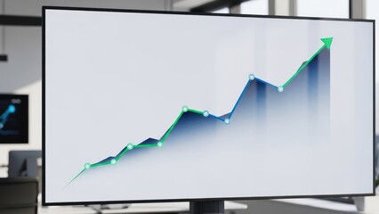 Rising graph shown on a monitor, with a blurred background office environment