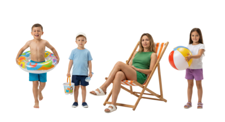 Children Enjoying Summer Activities with a Relaxed Woman in a Deck Chair Isolated on a Black