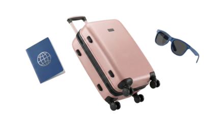 Travel essentials including a pink suitcase passport and sunglasses isolated on black background