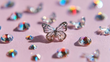 a silver butterfly-shaped brooch on a pink background, surrounded by iridescent rhinestones Concept Butterfly-shaped silver brooch, Pink background, Iridescent rhinestones, Jewelry close-up