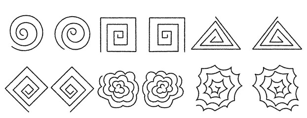 手書きのシンプルな幾何学グルグル図形アイコン　円形・四角形・三角形・菱形・モコモコ・トゲトゲ 黒線　Hand-drawn simple geometric circular shape icons: circle, square, triangle, diamond, fluffy, spiky, black lines