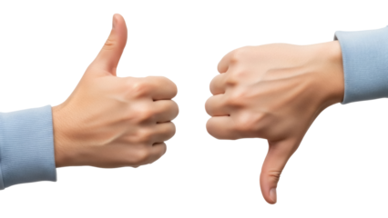 Isolated hands showing thumbs up and thumbs down, symbolizing success and failure concepts
