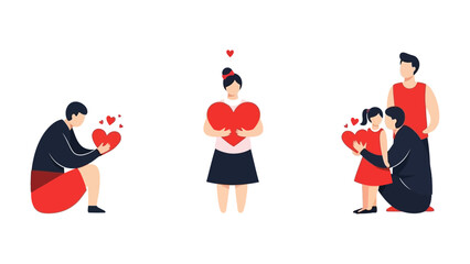Symbol of Affection: An illustrative presentation captures tender moments, featuring diverse individuals extending hearts, symbolizing love and togetherness. 