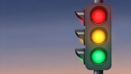 A traffic light stands against a beautiful sunset sky, guiding travelers with its red, yellow, and green lights.