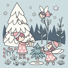 Christmas coloring page featuring a fairies' party and events of fairyland