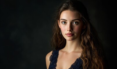 A woman with long brown hair and a black dress