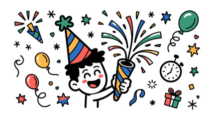 Festive Celebration Illustration: A whimsical illustration captures the essence of joyous celebration, featuring a cheerful character amidst party elements, exuding fun and excitement.