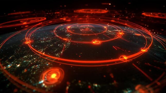 Global satellite surveillance network with multiple orbital paths and target lock points over world map at night (AI Generated)