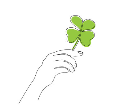 Continuous one line drawing of hand holding green four leaf. Hand holds leaf line art vector illustration.