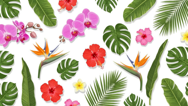 A vibrant seamless pattern showcasing an exotic array of tropical flowers including hibiscus, orchids, and bird of paradise with lush palm leaves on a white background.