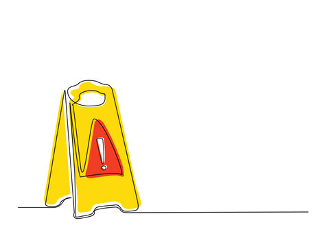 Continuous one line drawing of Wet floor caution sign. Public warning slippery sign in vector illustration. Editable vector.