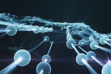 Network of Connections: A visually captivating display of interconnected spheres and lines, representing the complex web of networks and communication in the digital age.