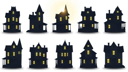 Silhouetted spooky houses with glowing windows, arranged in two rows on white