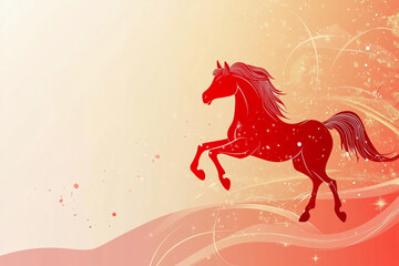 Lunar New Year banner, red horse on a light red and golden background, geometric design.
