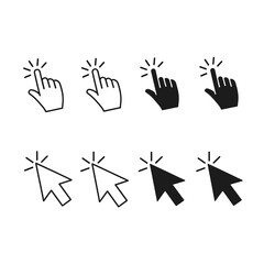 Fototapeta premium A comprehensive set of black and white hand and arrow cursor icons demonstrating various click actions for user interface and web design.