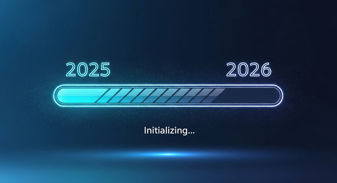 Graphic of a blue loading bar transitioning from 2025 to 2026, with an initializing message, representing progress, future, and transition to a new year