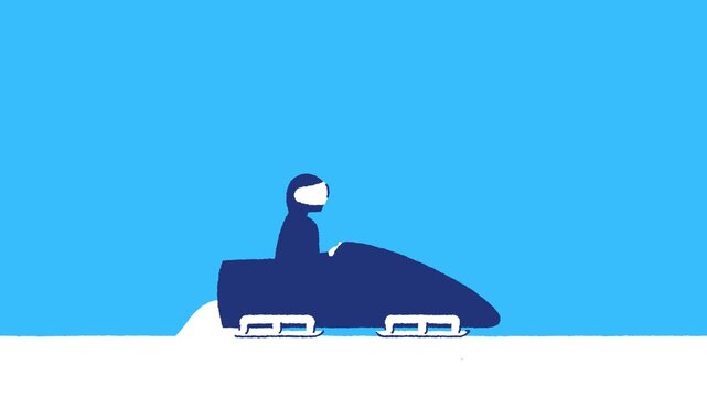 Horizontal 4K video. Cartoon animation. Bobsledder blue man with helmet jumps into bobsled and rides snowboard down white snow mountain. Concept of bobsleigh, winter extreme sports competition, win