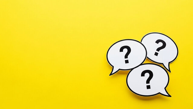 Three white speech bubbles with black question marks on yellow background symbol 1