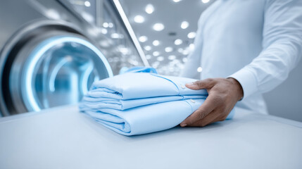 A person is arranging white shirts in preparation for washing, showcasing a clean and organized approach to laundry tasks.