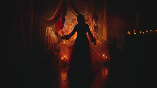 shadow silhouette medieval lady walking dancing in black dark ball room, candles light. fantasy woman queen victorian dress old style. Mysrtery girl princess, costume party royal luxurious atmosphere