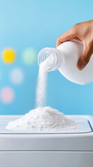 A person is pouring powder detergent into a front-loading washing machine, showcasing a common household chore in a modern setting.